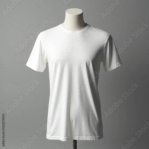 A plain white t-shirt with a crew neck and short sleeves, displayed on a male mannequin