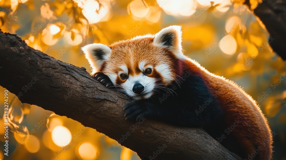 Fototapeta premium Red panda on a tree on a sunny day