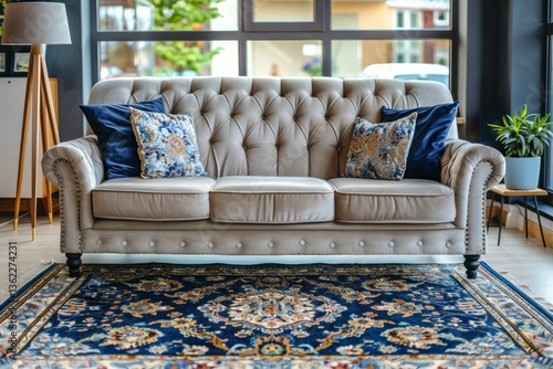 Elegant tufted sofa with decorative pillows in a modern living room, featuring a patterned rug and greenery