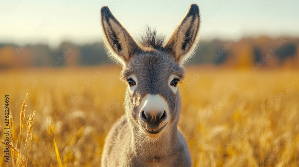 Joyful baby donkey face with floppy ears, sunny countryside background Joyful baby donkey face with floppy ears, sunny countryside background