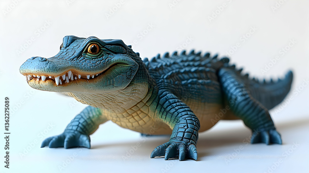Obraz premium Crocodile figure with blue skin, yellow underbelly, and visible teeth on a white surface