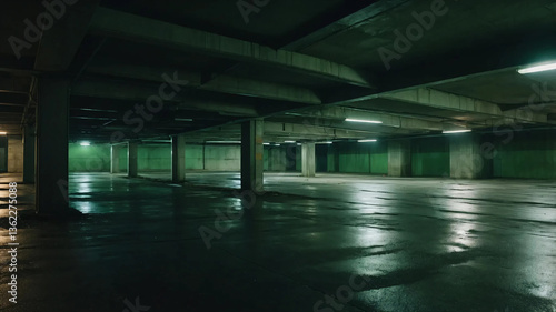 A lonely parking garage, bathed in a pale, sickly green light
