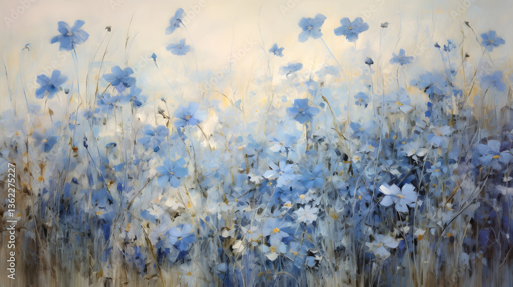 Obraz premium Thick brush strokes impressionistic small blue flowers background poster decorative painting 