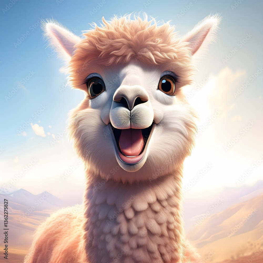 Fototapeta premium Happy alpaca smiling in the andes mountains at sunrise