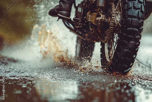 Close-up of a motorcycle tire splashing through a puddle on a muddy trail, showcasing dynamic action