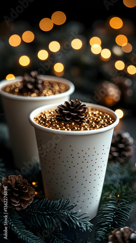Cups filled with gold beads & pinecones, fir branches, soft bokeh lights background