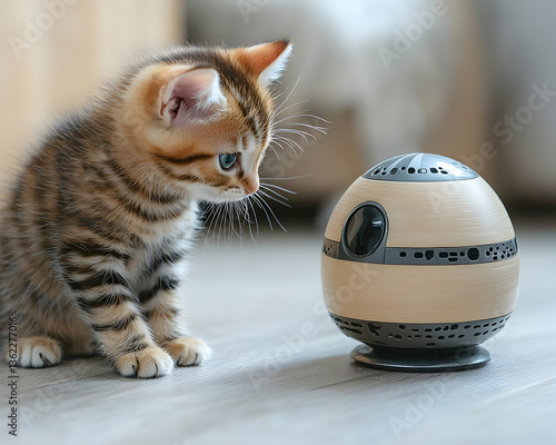 Curious kitten stares at an oval-shaped humidifier on wood flooring in a bright, airy space