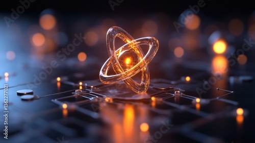 Wallpaper Mural Glass atom model on circuit board, glowing orange Torontodigital.ca