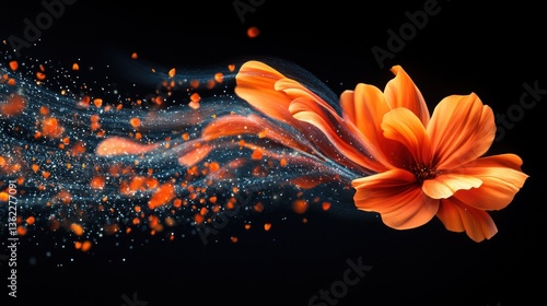 Orange flower petals gracefully float away in a dark background