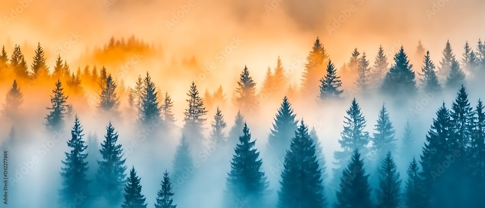 Obraz premium Dense forest covered in colorful atmospheric morning mist