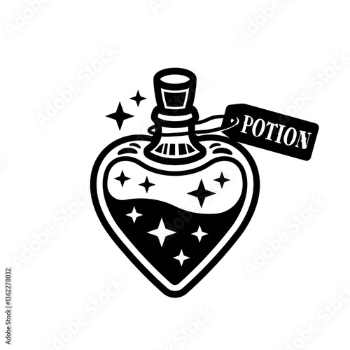 Love potion heart bottle vector black illustration. Magical elixir in a glass bottle with romantic and mystical vibes. Perfect for fantasy, alchemy, and other designs