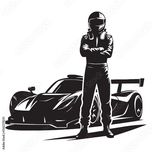 Pole Position Racing Driver silhouette, leading the race - Racing Driver illustration - Minimalist Racing Driver vector - First place dominance

