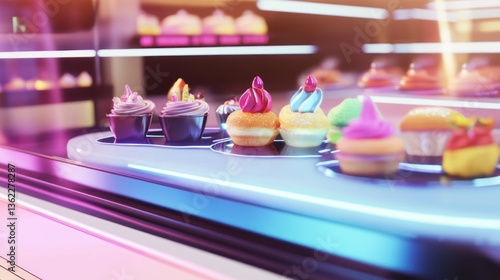 Wallpaper Mural Futuristic confectionery display with colorful, frosted cupcakes and pastries Torontodigital.ca