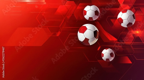 Abstract Red Background with Soccer Balls and Hexagonal Shapes for a Modern Sports Design illustration