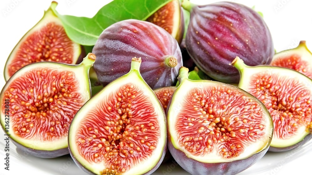 Close up view of fresh ripe figs and leaves on white background Close up view of fresh ripe figs and leaves on white background