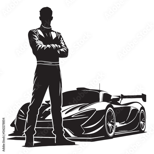 Intense Racing Driver silhouette, gripping the steering wheel tight - Racing Driver illustration - Minimalist Racing Driver vector - Focus and skill

