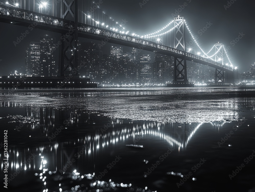 Fototapeta premium Night Reflections: The Bay Bridge Shimmers Over Calm Waters, Capturing the Dazzling Lights of the City Skyline in a Monochrome Dreamscape of Urban Brilliance.