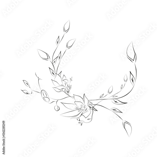 Line Drawing Botanical Wreath. Herbs and florals 15. Vector Illustration.
