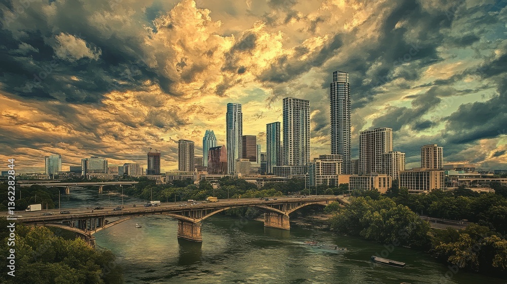 Fototapeta premium A photo of a bridge crossing a river, with a busy urban skyline and dramatic clouds above illustration