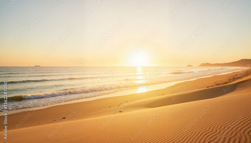 Obraz premium Sunset over calm ocean waves with sandy beach, Ocean waves on the beach 