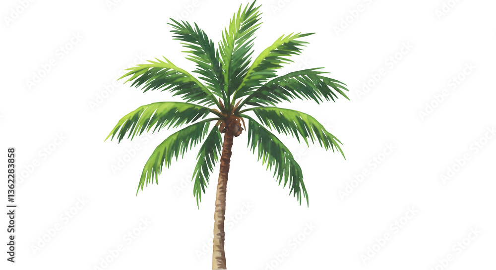 Obraz premium A vibrant watercolor painting depicts a single, tall palm tree against a transparent or white background, showcasing its lush green fronds and brown trunk.