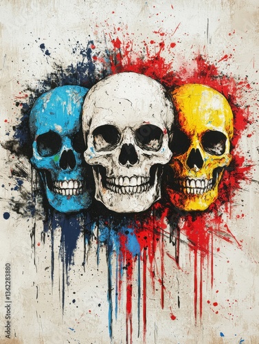 Three colorful skulls in blue, yellow, and red, splattered with paint, create a striking and edgy artistic composition.