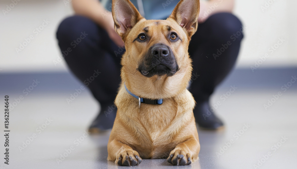 Obraz premium focused dog sits calmly on smooth floor, showcasing its attentive expression and alert posture, while person is seen in background