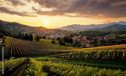 Wallpaper Mural Majestic sunset illuminates the vineyard, village, and landscape with warm, golden light. Torontodigital.ca