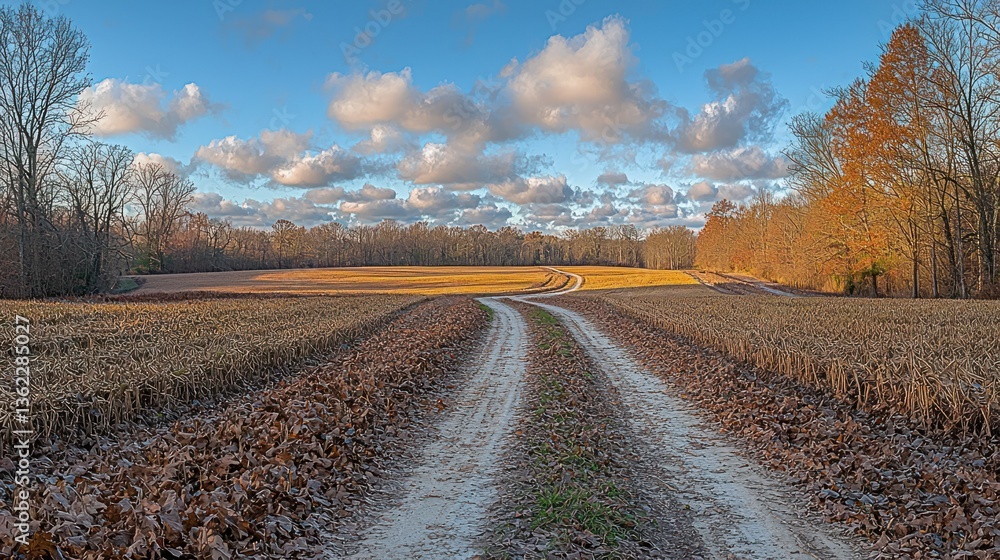 Naklejka premium Serene Autumn Countryside: A Dirt Road Through Harvested Fields