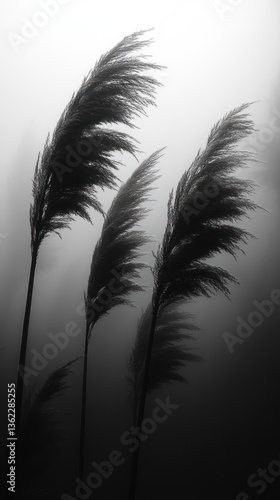 Monochrome image of three tall grasses swaying gently in the wind, set against a hazy background