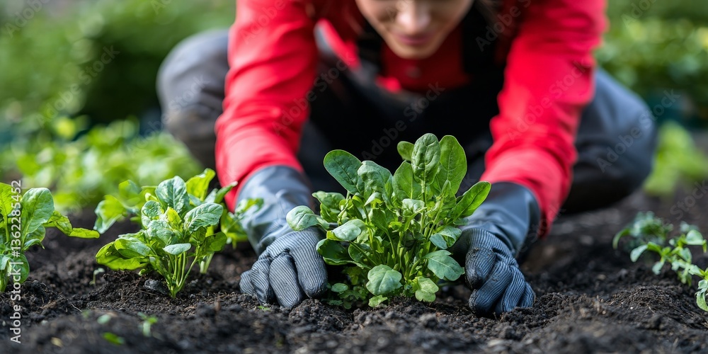 Fototapeta premium Gardener in red shirt planting seedlings in rich soil showing commitment to seasonal farming process nature respect and active gardening effort in outdoor scene