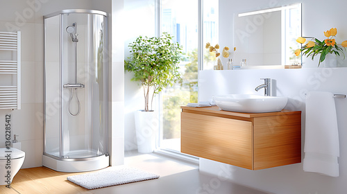 Compact modern bathroom with shower cubicle stylish home interior contemporary design bright environment aesthetic viewpoint