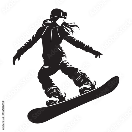 Precision Snowboarder silhouette, maneuvering through a slalom course - Snowboarder illustration - Minimalist Snowboarder vector - Skilled riding

