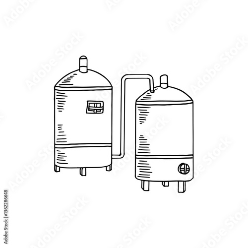 Industrial brewing or distillation system hand-drawn vector illustration.