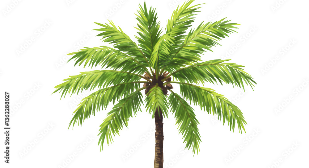 Naklejka premium A vibrant watercolor painting depicts a single, tall palm tree against a white or transparent background, showcasing its lush green fronds and brown trunk.