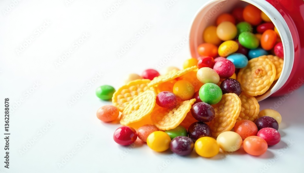 Pile of colorful candy, chips, and soda on white , white, sugar Pile of colorful candy, chips, and soda on white , white, sugar