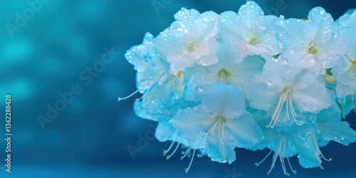 Dew-kissed, light blue blossoms against a blurred teal backdrop