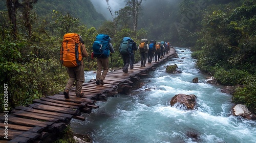 Group of backpackers crossing a wooden bridge over a rushing river in lush, green forest environment.