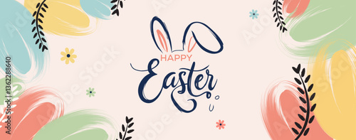 Happy Easter, Bunnies, eggs and flowers, Modern minimal style design, pastel colors vector illustration.