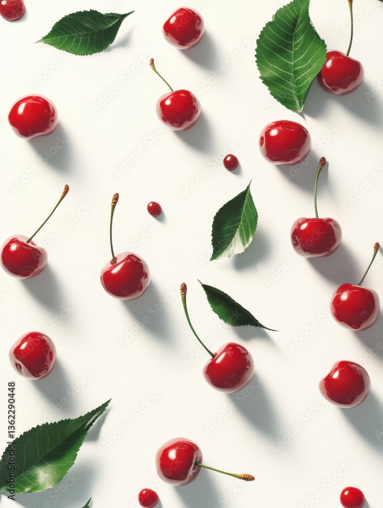 Design an illustration of cherries and leaves in a retro style, with cherries dropped on the ground. The background is white. Design an illustration of cherries and leaves in a retro style, with cherries dropped on the ground. The background is white.