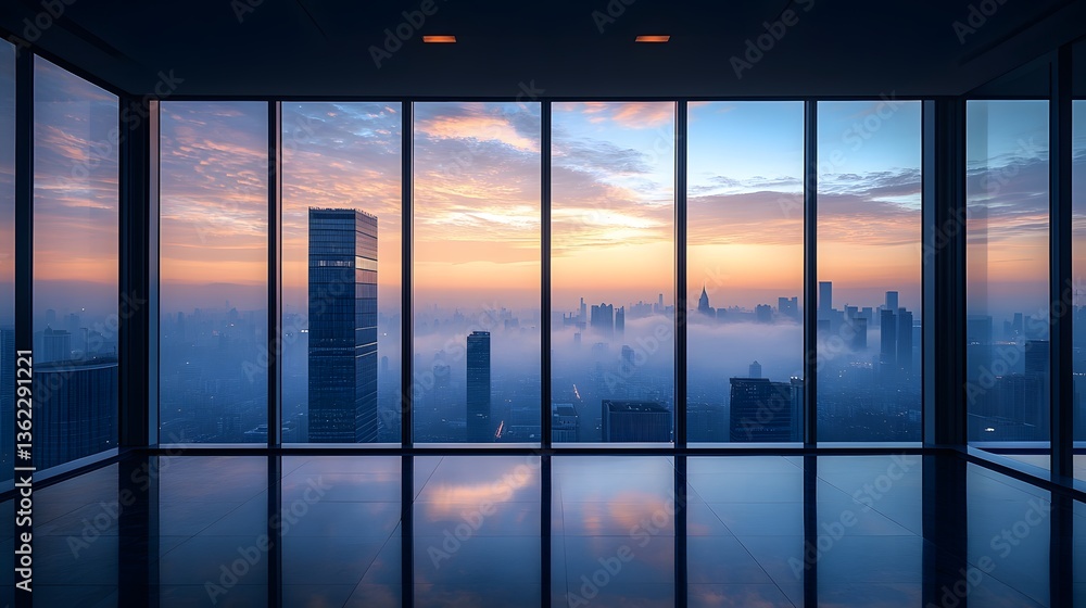 Fototapeta premium Floor-to-ceiling windows reveal panoramic city skyline at dawn, golden sunlight illuminating skyscrapers, modern penthouse with polished dark floor reflecting misty tall buildings in ambiance.
