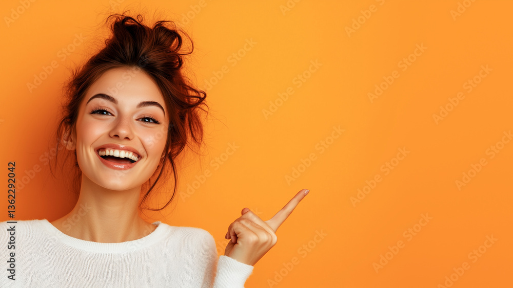 Beautiful girl posing on orange background and pointing finger at place for advertisement and text