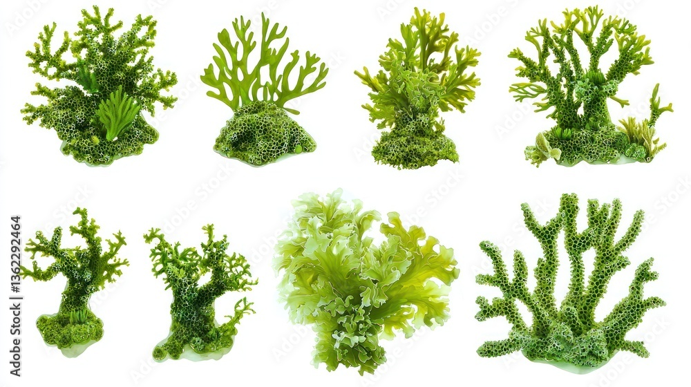 Fototapeta premium Set of green aquatic moss coral reefs, cut out