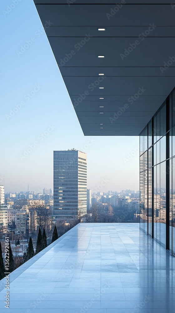 Fototapeta premium Modern balcony overlooking cityscape, clear sky