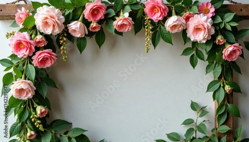 Wallpaper Mural Delicate pink floral banner with lush greenery hangs from a rustic wooden beam , outdoor, banner, decoration Torontodigital.ca