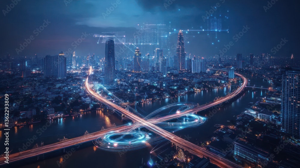 Fototapeta premium Night cityscape, city highway, river, data network. Possible stock photo use technology, business, future