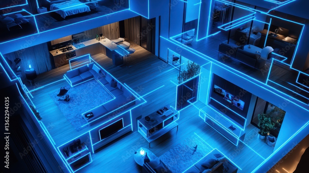 Smart Home Floor Plan, Modern Interior, Blue Light, Architectural Design, High-Tech, Interior Design, Top View, Photorealistic Smart Home Floor Plan, Modern Interior, Blue Light, Architectural Design, High-Tech, Interior Design, Top View, Photorealistic