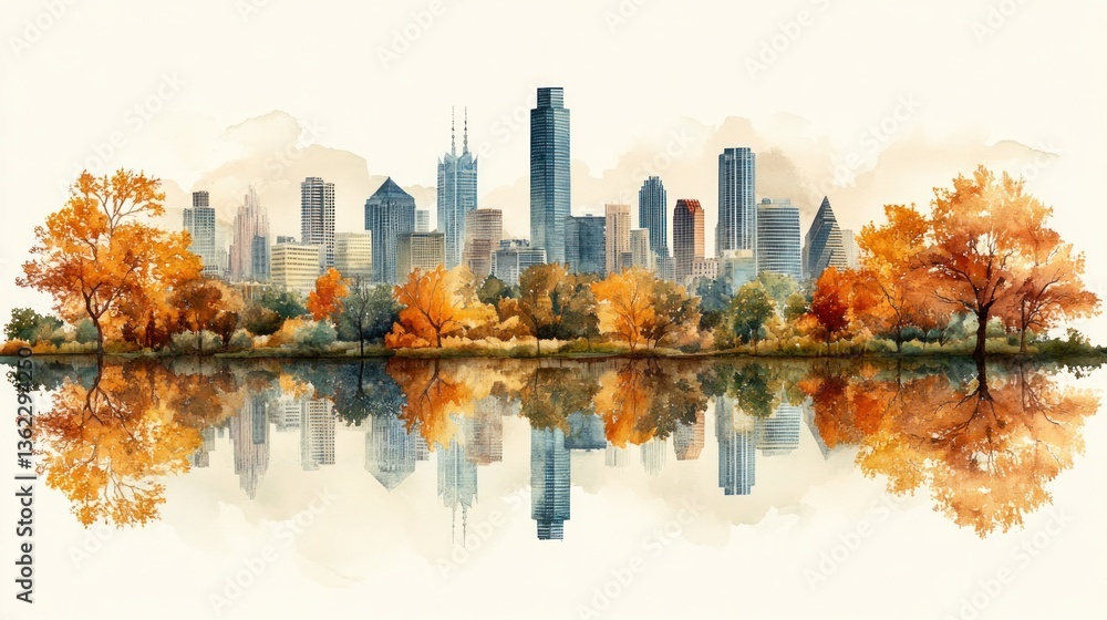 Obraz premium Autumnal city skyline reflected in calm water