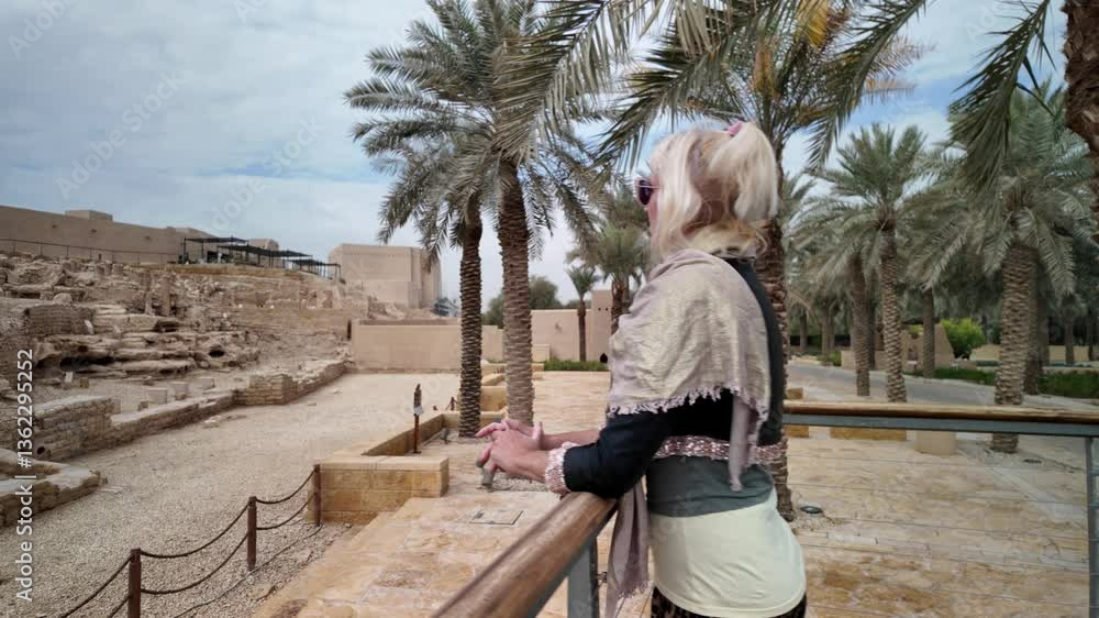 Blonde tourist at the impressive historic ruins of Diriyah, the UNESCO World Heritage site located near Riyadh, Saudi Arabia, under a beautiful blue sky with some clouds Blonde tourist at the impressive historic ruins of Diriyah, the UNESCO World Heritage site located near Riyadh, Saudi Arabia, under a beautiful blue sky with some clouds