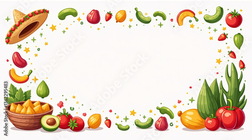 Cheerful and bright Mexican food frame featuring classic cuisine like nachos, burritos, and avocados in cute cartoon art